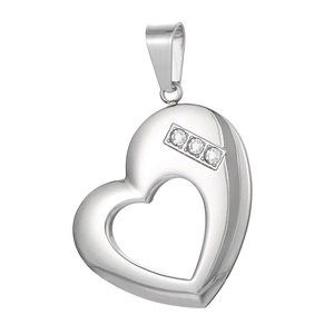Polished silver heart pendant necklace with three sparkling crystals on white background