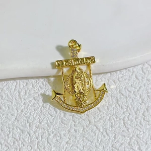 18K gold plated anchor pendant with CZ stones featuring a religious figure on white background