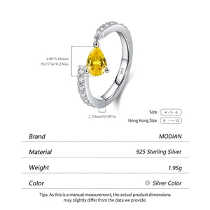 Elegant S925 sterling silver ring with pear-cut yellow gemstone and side diamond accents
