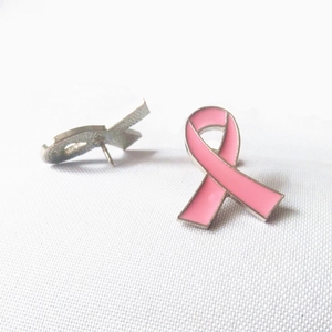 Set of two pink ribbon enamel pins in zinc alloy with silver trim for charity awareness