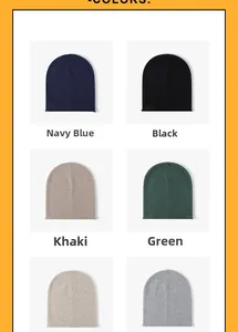 Detailed palette of knitted slouchy beanies in navy, black, khaki, green, white, and grey