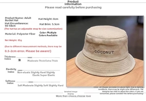 Size chart for beige corduroy bucket hat with Coconut embroidery and adjustable inner drawstring