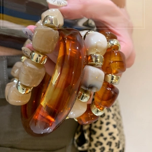 Retro Acrylic Beaded Bracelet With Marbled Pattern And Gold Alloy Spacers For Women Vacation Style Geometric Hand Jewelry