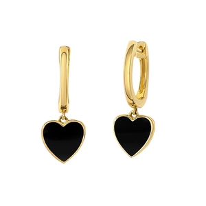 Fashionable gold hoop earrings with black heart enamel charms and zircon accents