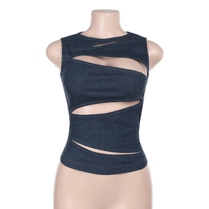 Detail of dark blue denim sleeveless top featuring asymmetric cutouts and stitch texture