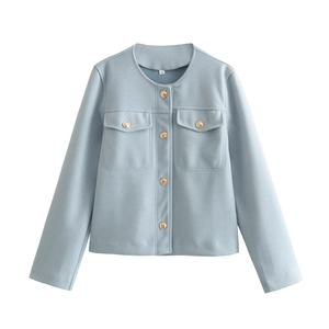 Short light blue tweed jacket with round neck and decorative gold buttons