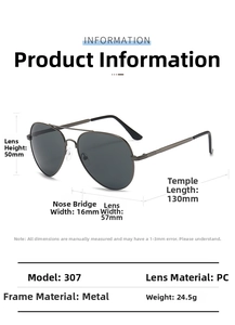 Detailed dimensions of aviator sunglasses with metal frame and gray PC lenses