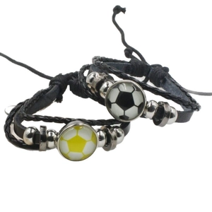 Men's braided leather soccer bracelets with football charms and adjustable slider knots