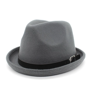 Classic dark grey wool felt fedora hat with black leather band and silver buckle accent