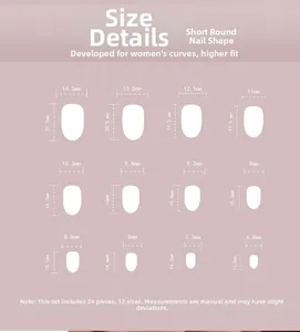 Size chart for short round press-on nails detailing 12 different sizes and dimensions
