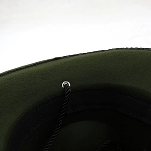 Detail of wool felt fedora featuring metal eyelet, windproof rope and sweatband