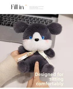 Detailed view of plush husky dog doll with blue eyes and weighted pellets for sitting