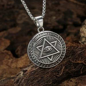 Vintage stainless steel necklace featuring All-Seeing Eye pendant and Guardianship engraving
