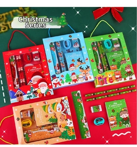 Detail of Christmas stationery set featuring pencils, ruler and eraser in festive gift packaging