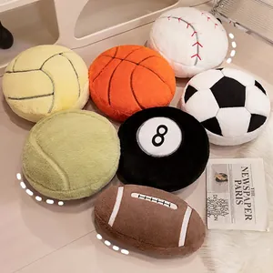 Plush sports ball pillows including soccer, basketball, and football for home decor