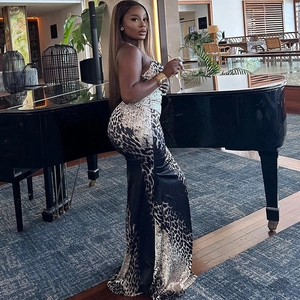 Elegant leopard print slim fit maxi dress with backless design for formal social parties