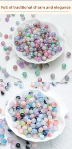 Detail of 8mm colorful cracked glass beads for DIY jewelry making in a decorative dish
