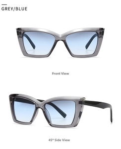 Detail of grey cat-eye sunglasses with blue gradient lenses from front and side angles