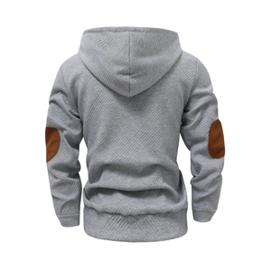 Men's light grey textured knit hoodie with contrast brown faux suede elbow patches