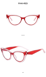 Front and side view of pink and red cat-eye TR90 frames with anti-blue light lenses