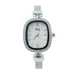 Women's Fashion Quartz Watch Oval Marble Texture Dial Rhinestone Alloy Case Silver Metal Mesh Strap Wristwatch