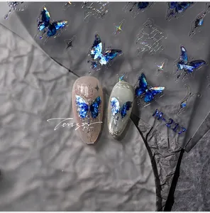 Autocollants nail art papillon bleu laser avec effet métallique et texte M-217