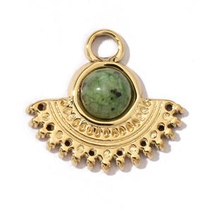 Detail of a golden semi-circular pendant featuring a green natural stone with beaded edges
