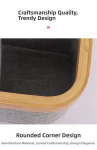 Detail of grey fabric storage bin showing bamboo rim and rounded corner design