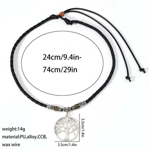 Detail of adjustable Tree of Life pendant necklace with cord measurements and 3.5cm diameter
