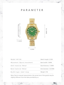 Detailed dimension guide for luxury gold quartz watch with green dial and crystal accents
