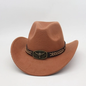Detail of western cowboy hat featuring brown leather band with bronze bull head ornament