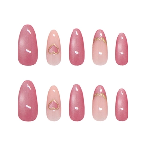 Handmade pink almond press-on nails with 3D gold hearts and cat-eye finish 10pcs set