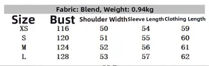 Detailed size chart for wool blend double breasted cropped coat with measurements in cm