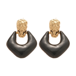 Vintage geometric drop earrings with gold hammered metal and black enamel finish