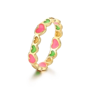 Colorful enamel heart-shaped stainless steel gold ring with pink and orange details