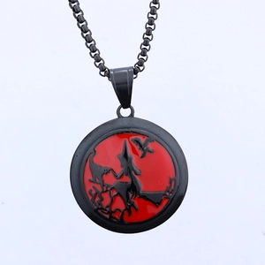 Gothic halloween witch on broomstick silhouette pendant in red and black steel