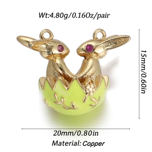 Detail view of golden copper bunny pendants in light green egg with weight and size specs
