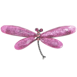 Pink dragonfly brooch with crystal rhinestones and translucent textured wings