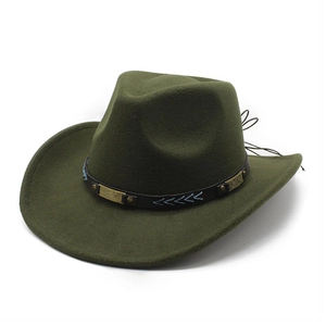 Dark green western cowboy felt hat with brown leather band and gold metal details