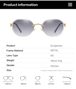 Size chart for rimless sunglasses showing metal frame dimensions and lightweight specs