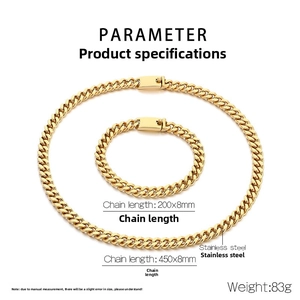 Detailed size parameters of golden stainless steel Cuban link necklace and bracelet set