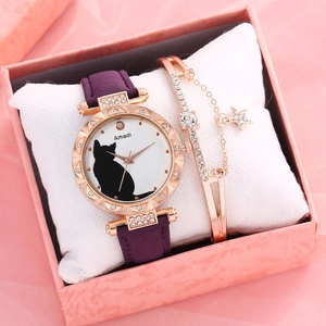 Chic purple leather watch with cat dial and rose gold star bracelet in a gift box
