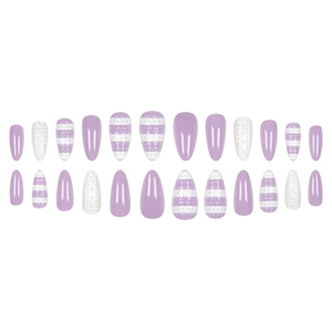 Lot de 24 faux ongles amande mauves avec texture 3D diamant et motifs rayés