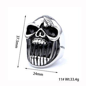 Detailed measurement of retro pirate skull ring showing 37.5mm height and 24mm width