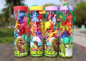 Detailed set of mini dinosaur toy buckets with assorted colorful prehistoric figures