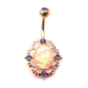 Rose gold navel ring with oval opal stone and purple rhinestone butterfly accents
