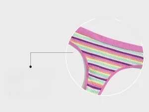 Close-up of rainbow striped ribbed cotton fabric and purple elastic trim on women's thong