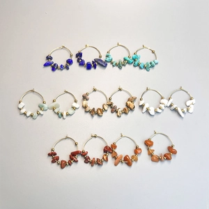 Bohemian large hoop earrings with colorful natural crushed stones in various hues