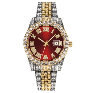 Luxury rhinestone quartz watch with burgundy dial and gold-tone stainless steel band