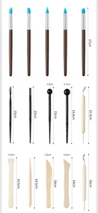 Detailed view of sculpting tools in various sizes with measurement specs for clay DIY